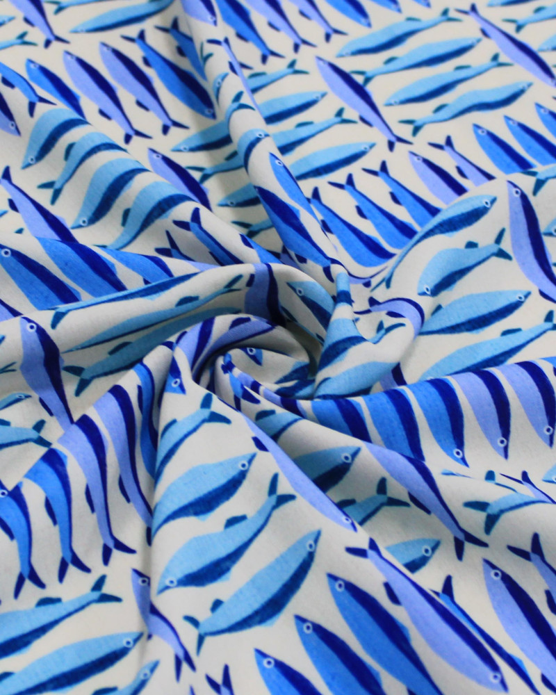 Tecido Viscose Premium Sardine em Listras Geométricas Tons de Azul e Offwhite