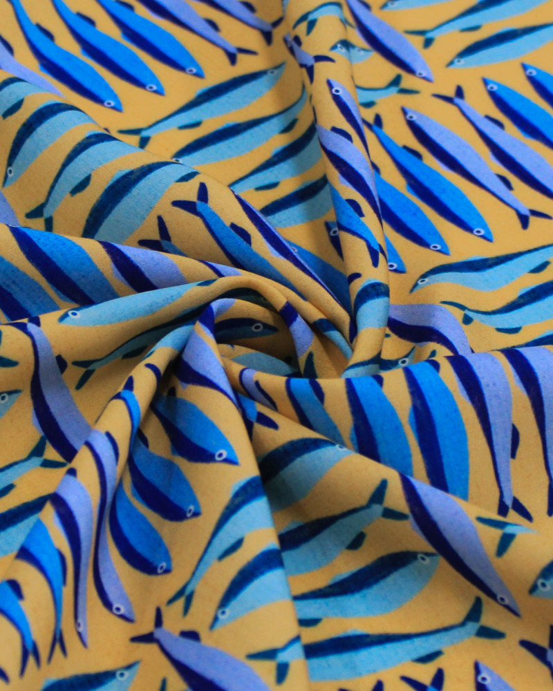 Tecido Viscose Premium Sardine em Listras Geométricas Tons de Azul e Bege Claro