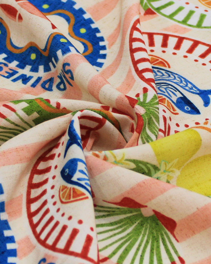 Tecido Viscose Premium Multi Estampado em Listras Sardine Tropical Colorido e Cru