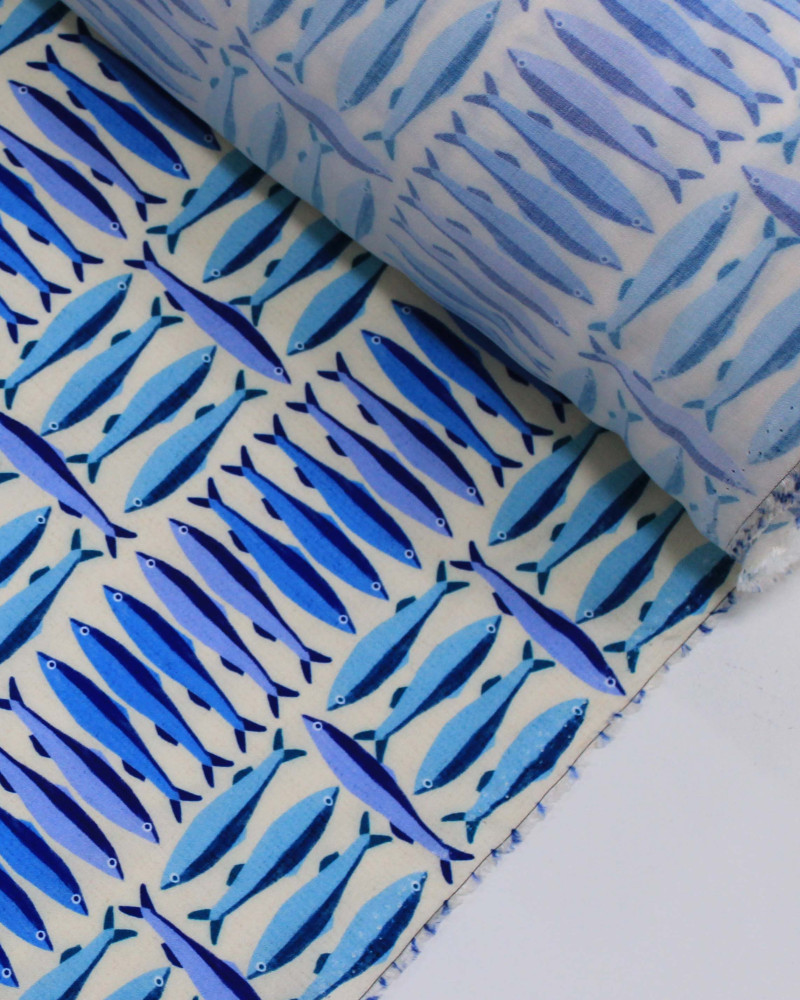 Tecido Viscose Premium Sardine em Listras Geométricas Tons de Azul e Offwhite