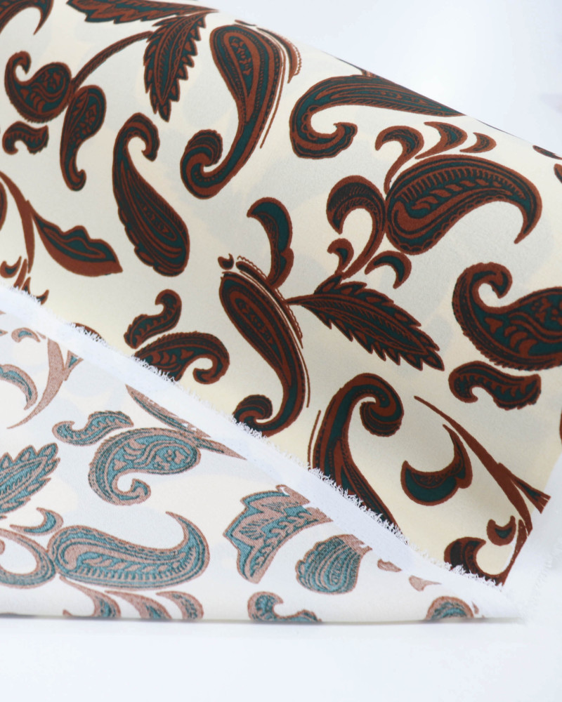 Tecido Crepe Koshibo Ramos em Cashmere Verde Esmeralda, Marrom e Creme