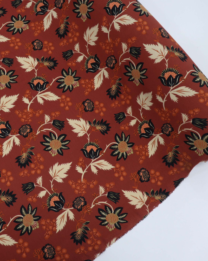 Tecido Crepe Koshibo Floral Vintage Preto, Bege e Terracota