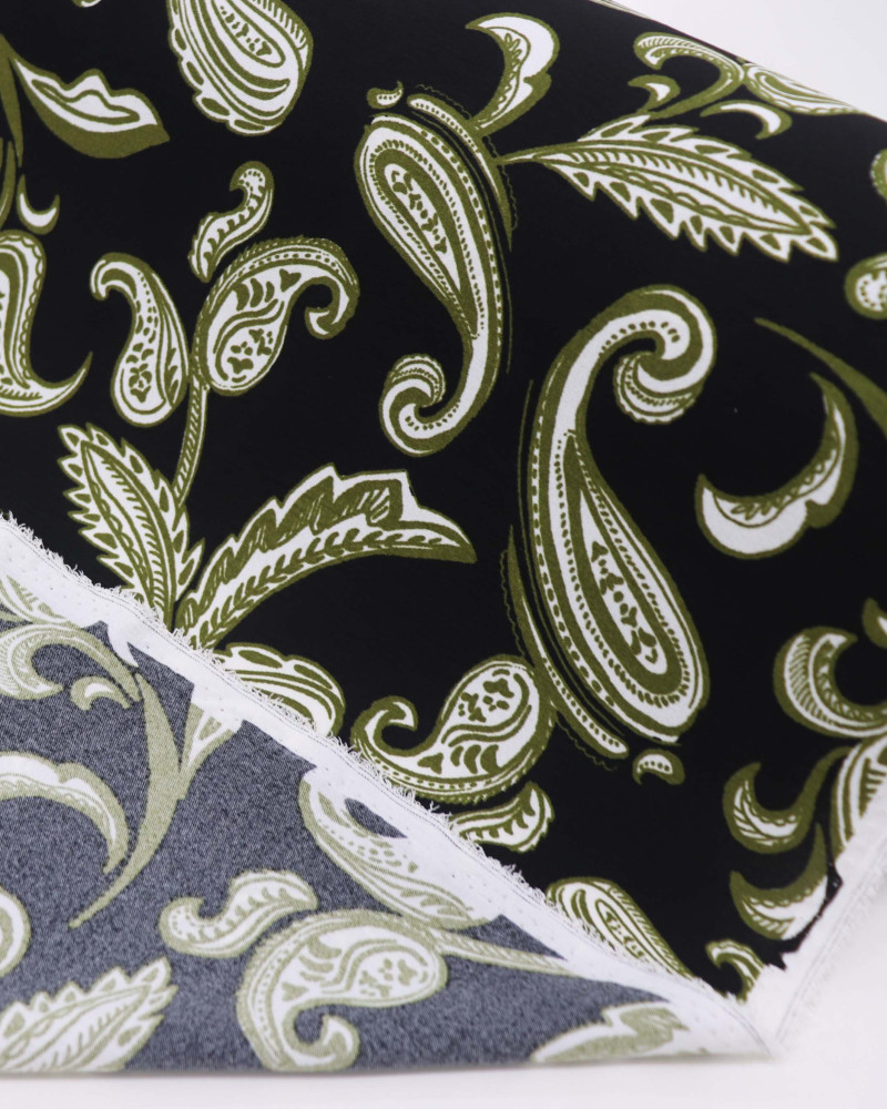 Tecido Crepe Koshibo Ramos em Cashmere Verde Musgo e Preto