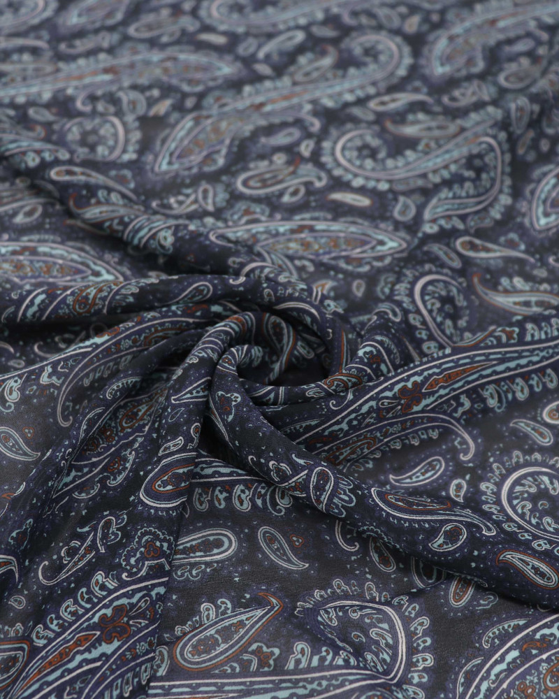 Tecido Crepe Chiffon Estampa Paisley Azul Ardósia
