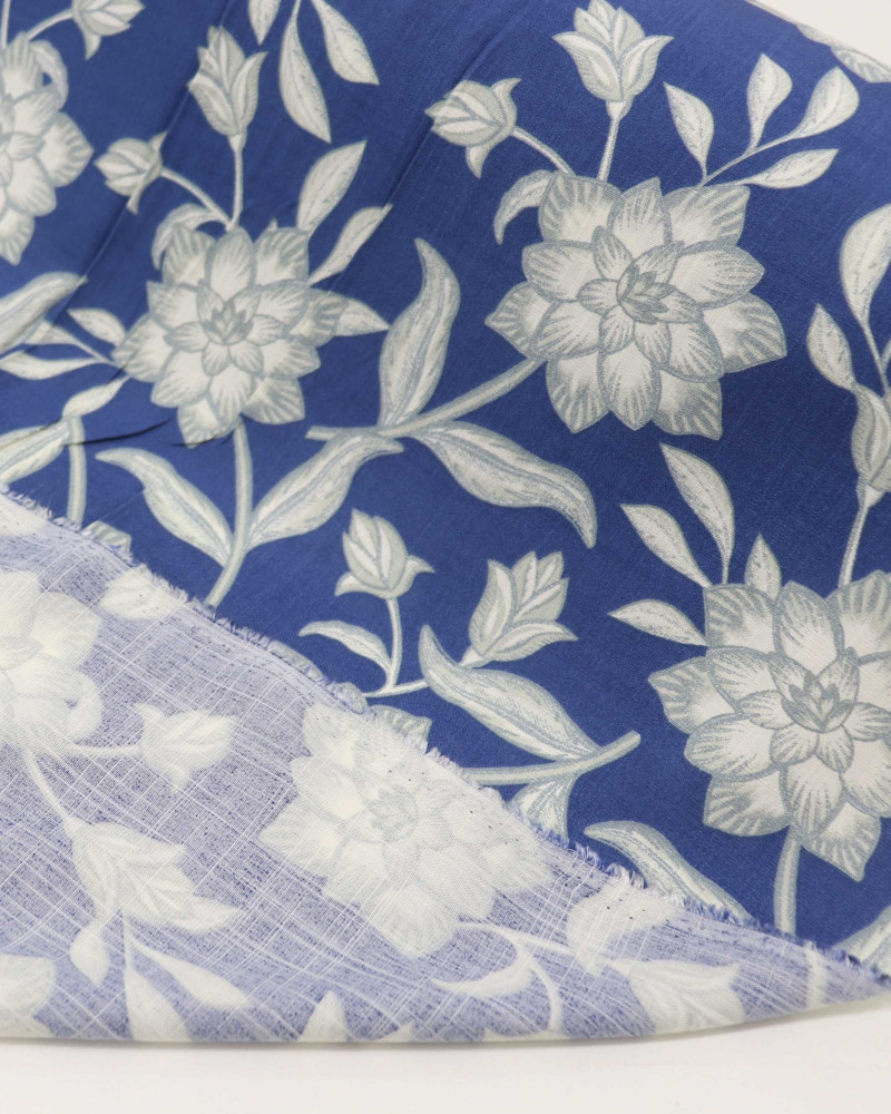 Tecido Viscose Texturizada Flor de Lótus Cinza e Azul Marinho