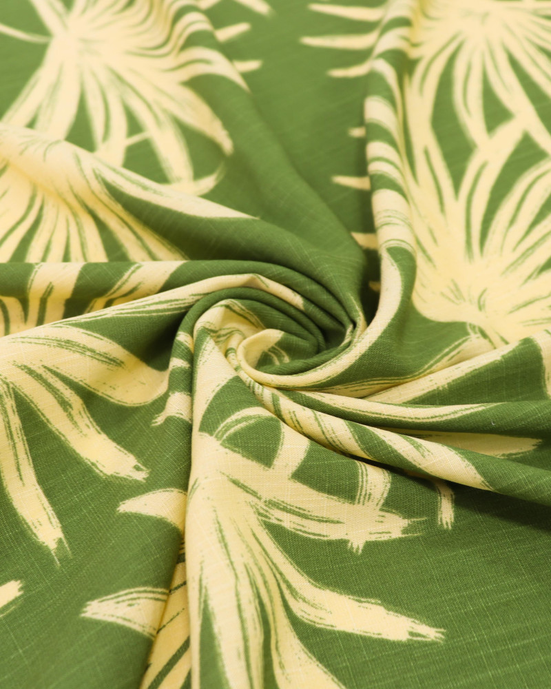 Tecido Viscose Texturizada Macro Folhagens Amarelo e Verde Oliva