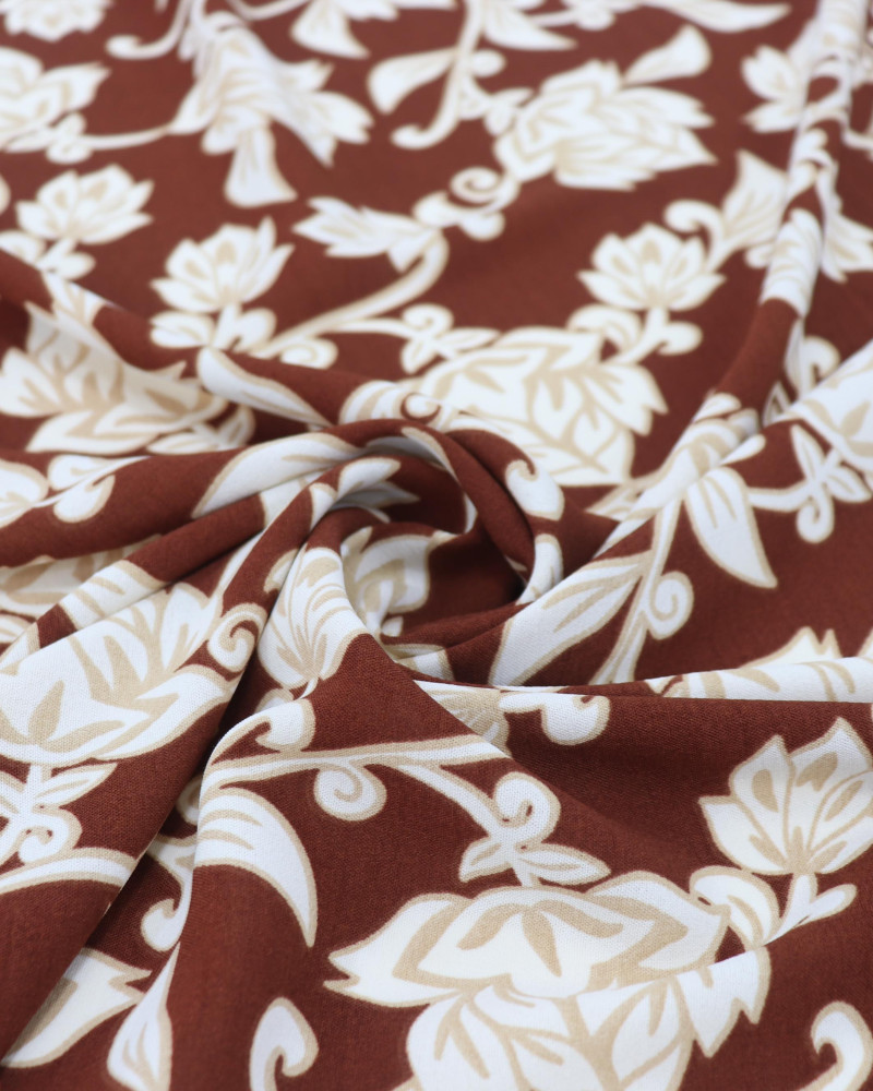 Tecido Crepe Koshibo Ramos e Flores Creme e Marrom