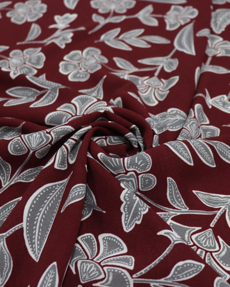 Tecido Crepe Koshibo Floral Étnico Cinza e Marsala