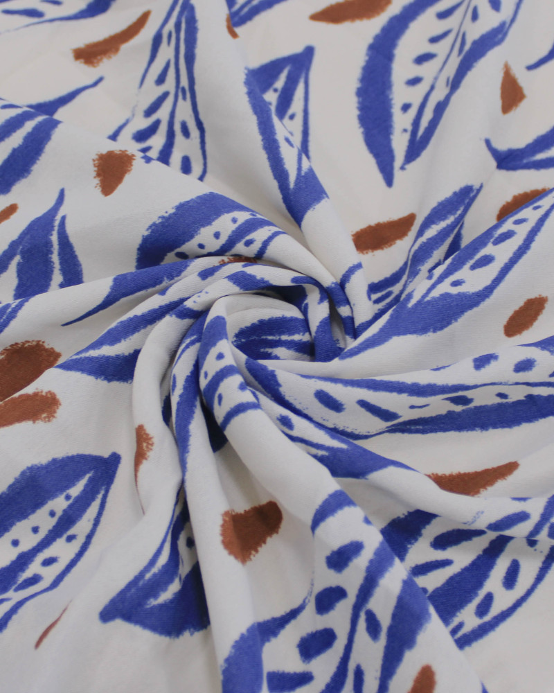 Tecido Crepe Koshibo Macro Folhas Marrom, Azul e Offwhite