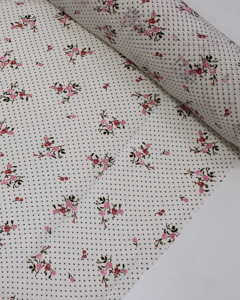 Tecido Crepe Chiffon Grosso Micro Poá e Rosas Preto, Vermelho e Offwhite