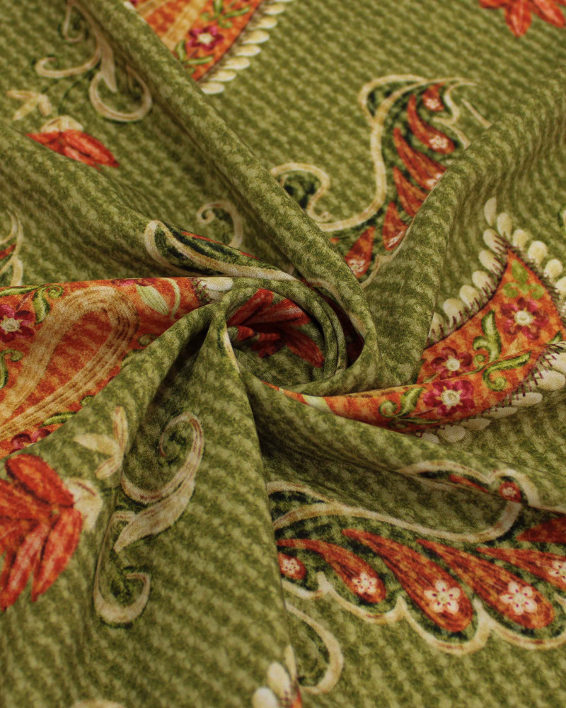 Tecido Viscose Premium Paisley Floral Vermelho, Laranja e Tons de Verde