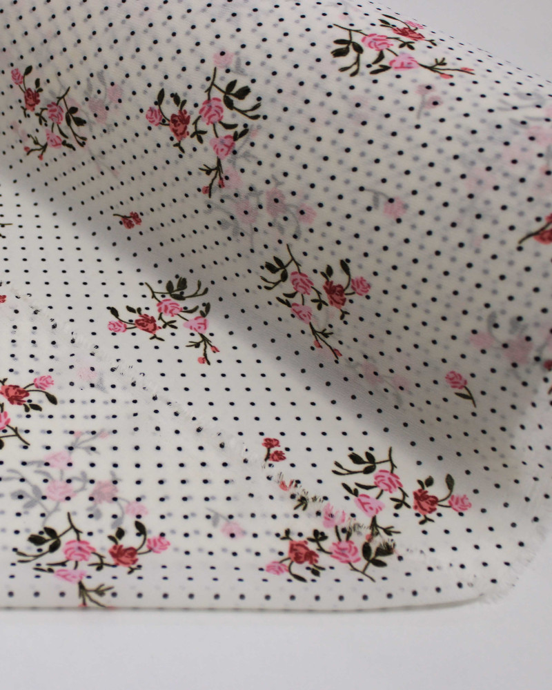 Tecido Crepe Chiffon Grosso Micro Poá e Rosas Preto, Vermelho e Offwhite