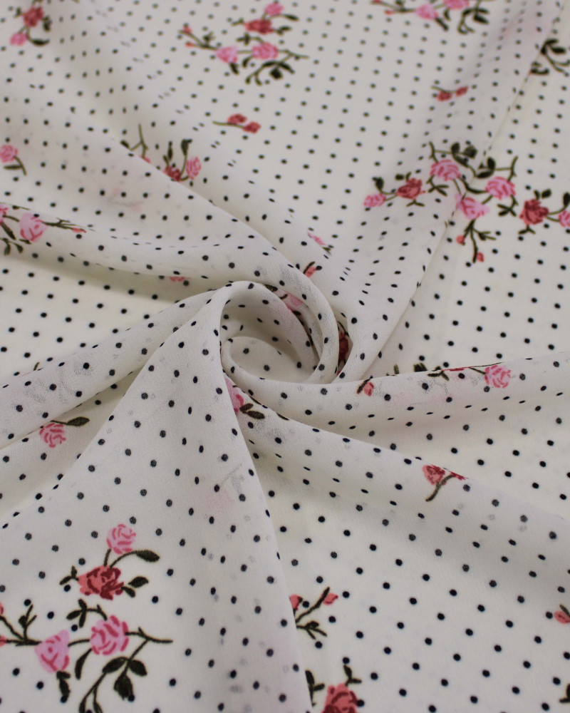 Tecido Crepe Chiffon Grosso Micro Poá e Rosas Preto, Vermelho e Offwhite