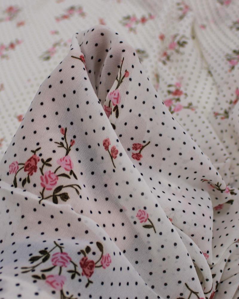 Tecido Crepe Chiffon Grosso Micro Poá e Rosas Preto, Vermelho e Offwhite