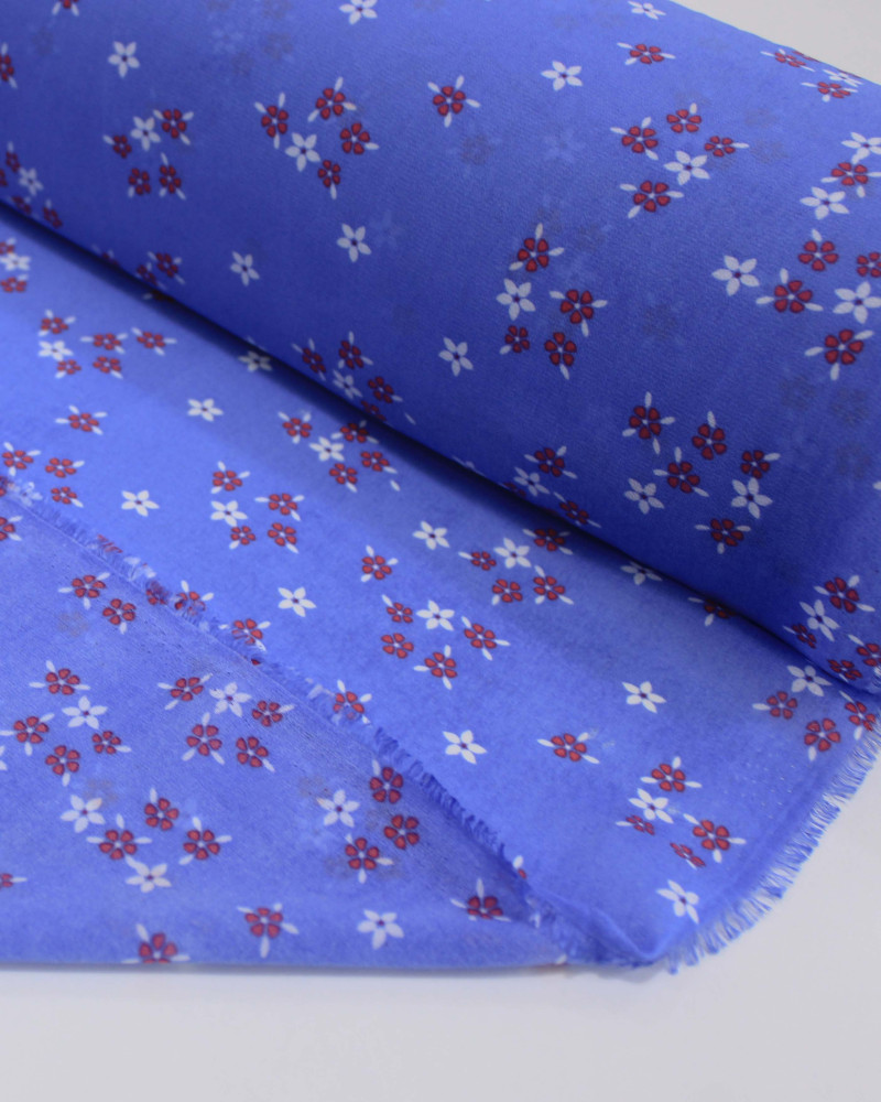Tecido Crepe Chiffon Grosso Micro Flores Branco, Vermelho e Azul