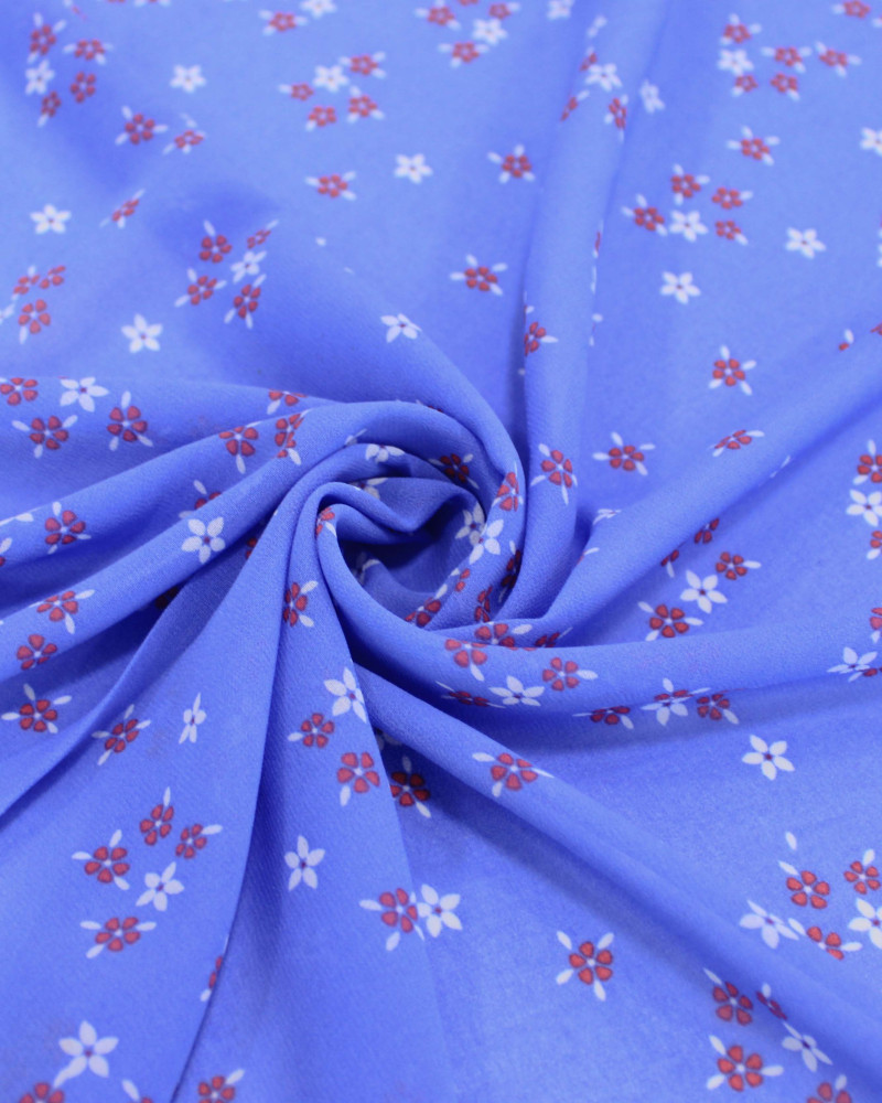 Tecido Crepe Chiffon Grosso Micro Flores Branco, Vermelho e Azul