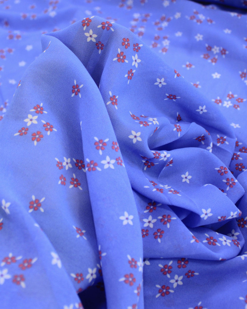 Tecido Crepe Chiffon Grosso Micro Flores Branco, Vermelho e Azul