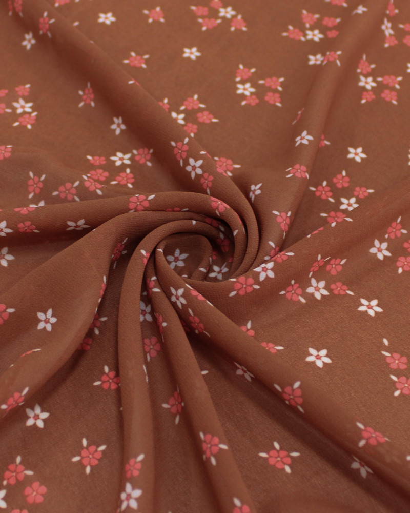 Tecido Crepe Chiffon Grosso Micro Flores Branco, Coral e Marrom Claro