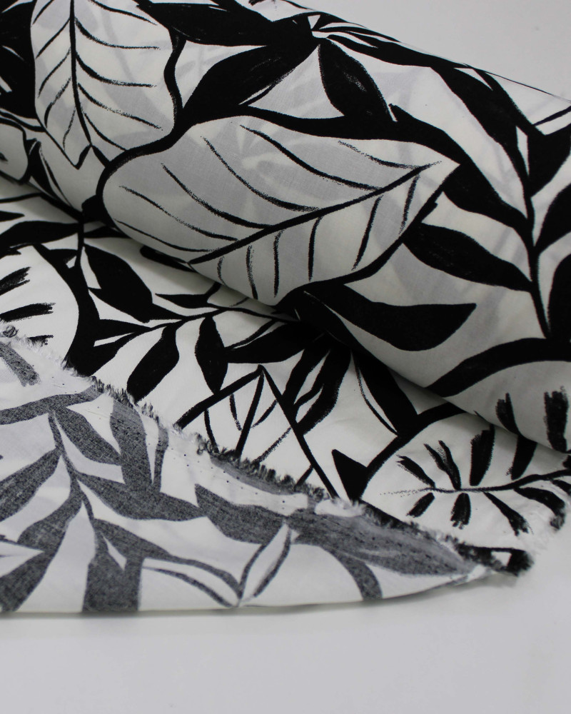 Tecido Viscose Rascunho de Folhas P/B