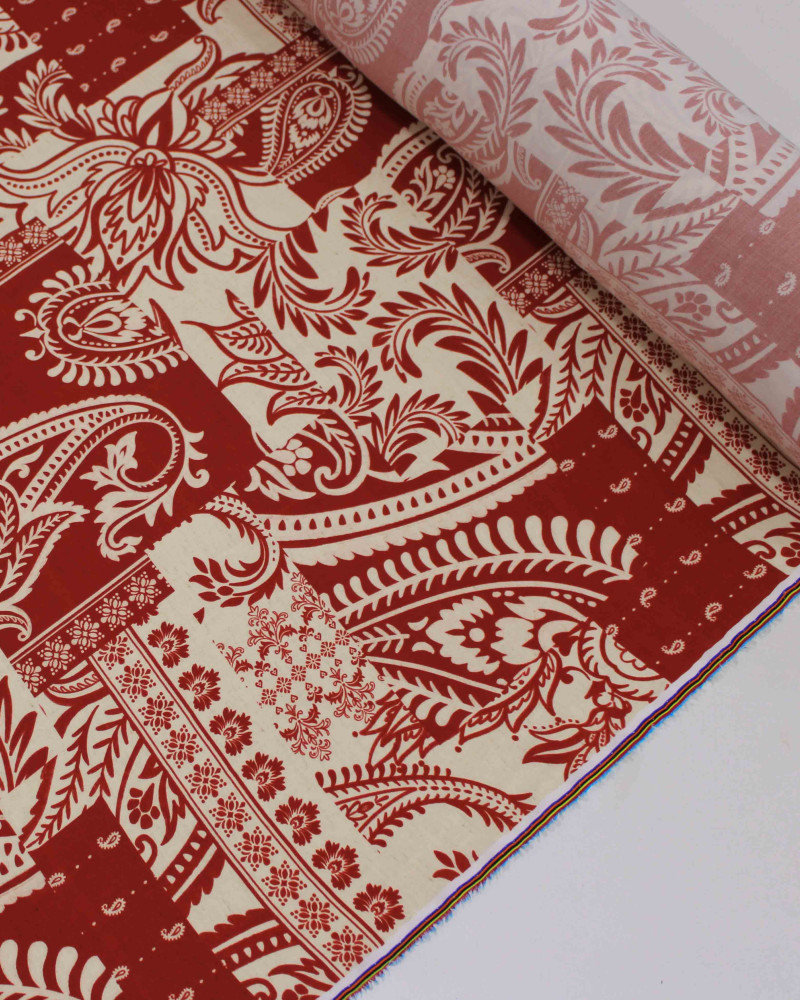 Tecido Viscose Premium Multi Estampa Paisley Vermelho e Cru
