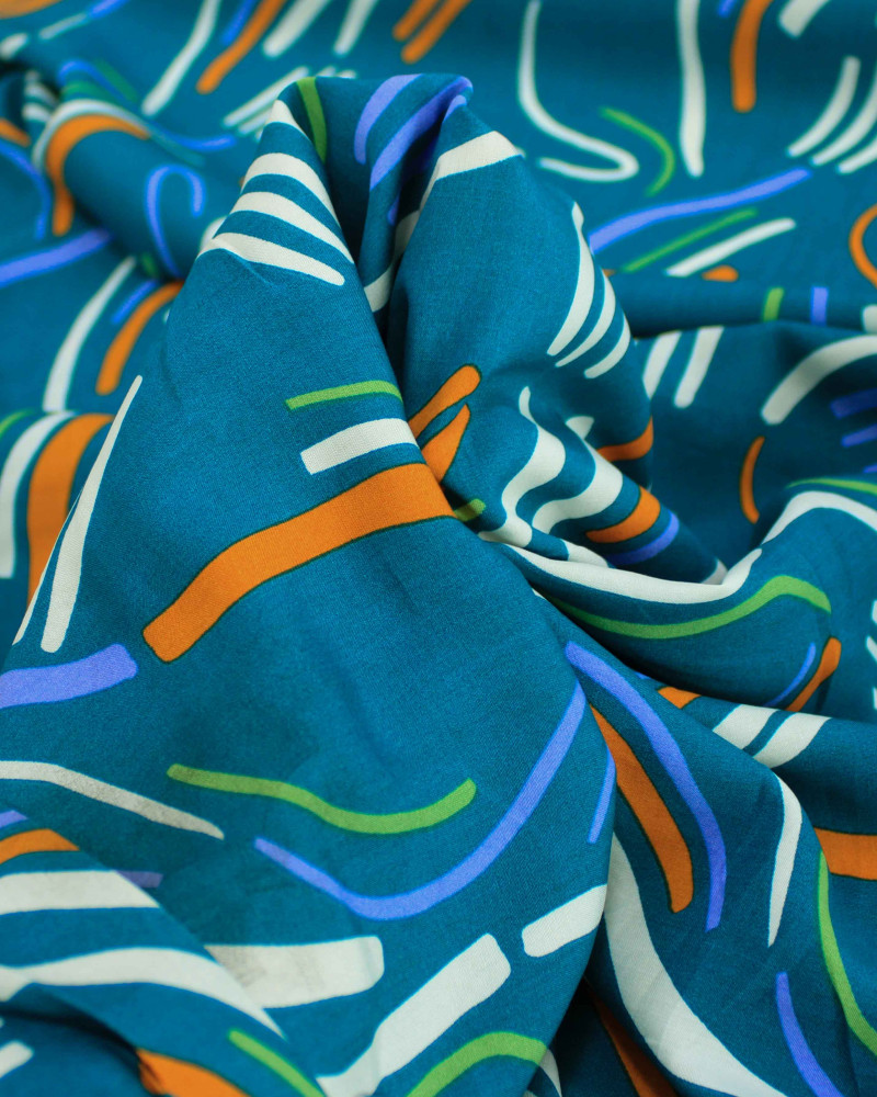 Tecido Viscose Riscos Coloridos e Verde Água