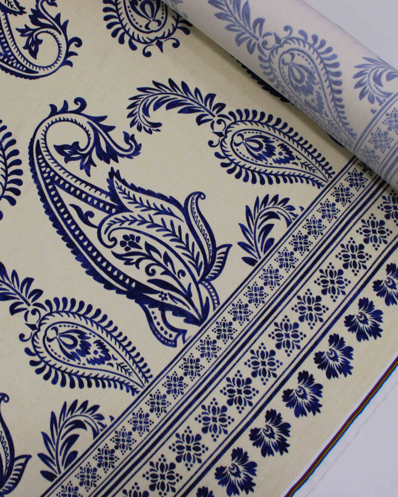 Tecido Viscose Premium Barrado Macro Paisley Estampado Azul e Offwhite