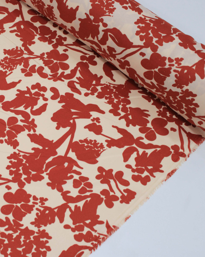Tecido Crepe Sarjado Ramos Abstratos Vermelho e Pêssego