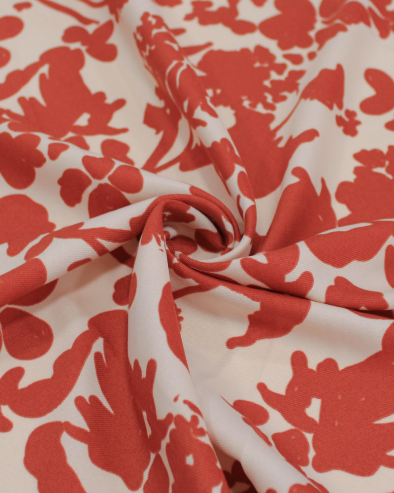 Tecido Crepe Sarjado Ramos Abstratos Vermelho e Pêssego