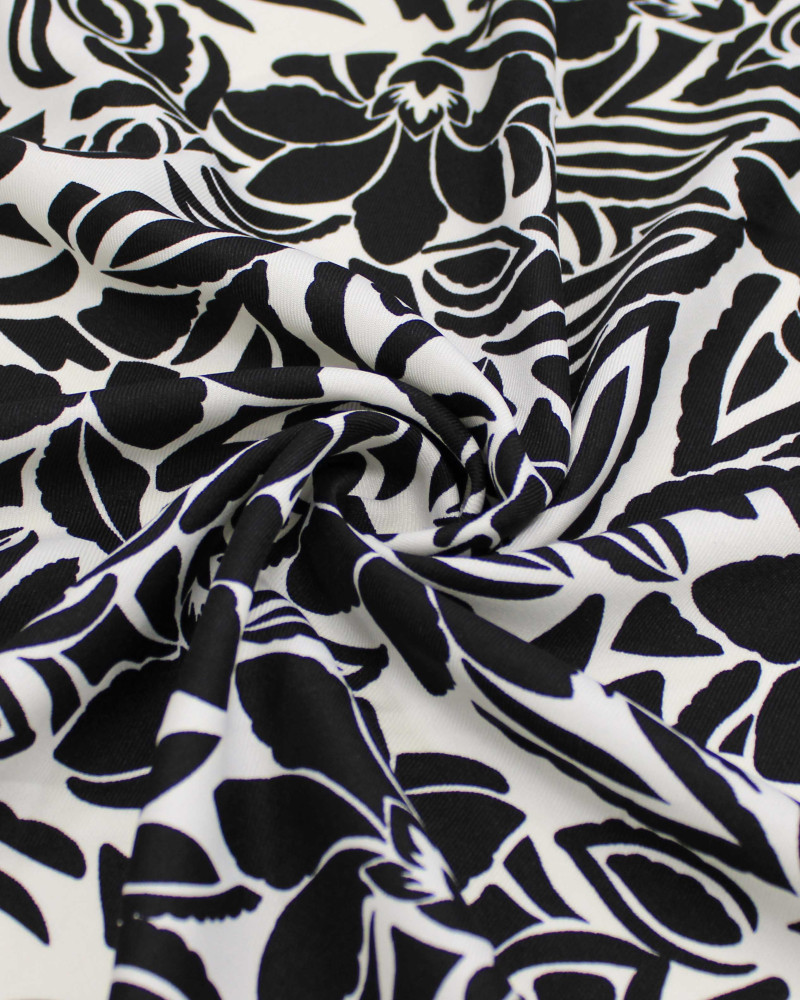 Tecido Crepe Sarjado Folhas e Flores Abstratas Preto e Offwhite