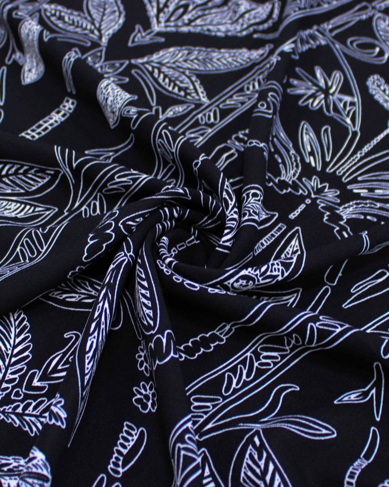 Tecido Crepe Koshibo Ramos Abstratos em Listras Branco e Preto