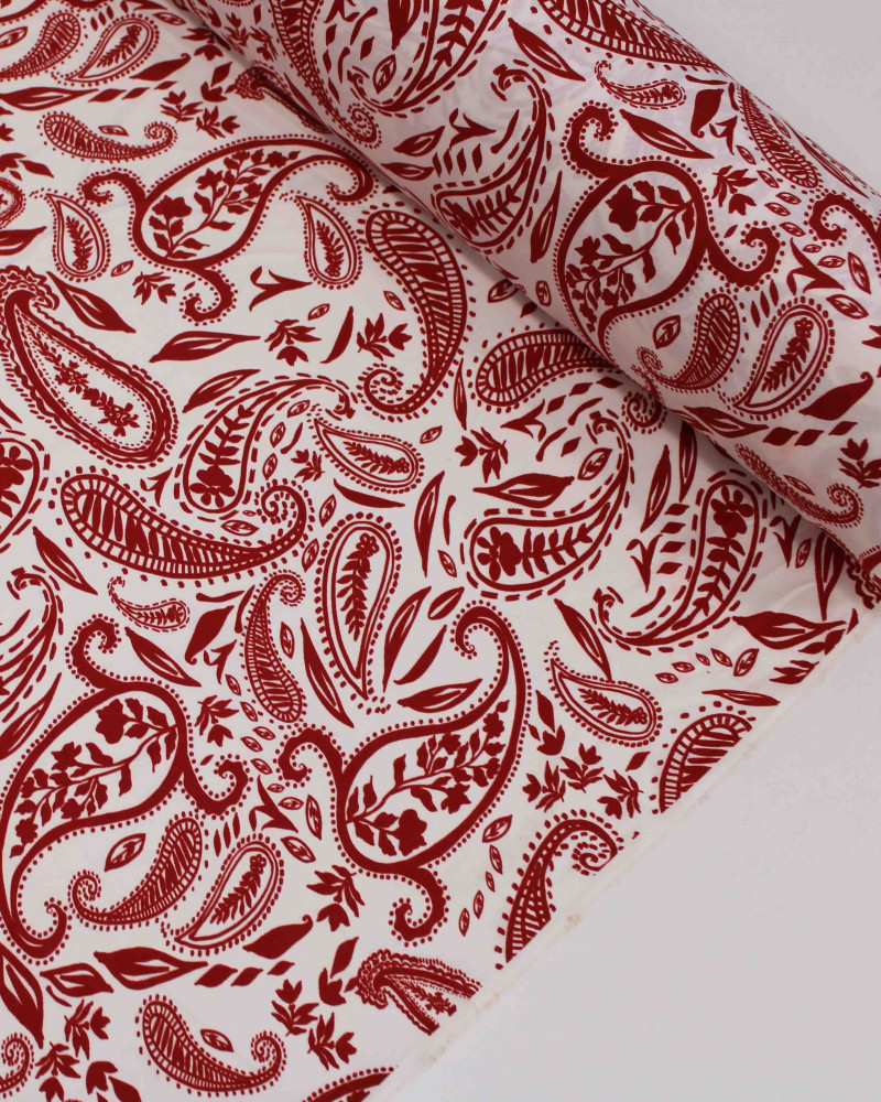 Tecido Crepe Sarjado Cashmere Estampado Vermelho e Offwhite