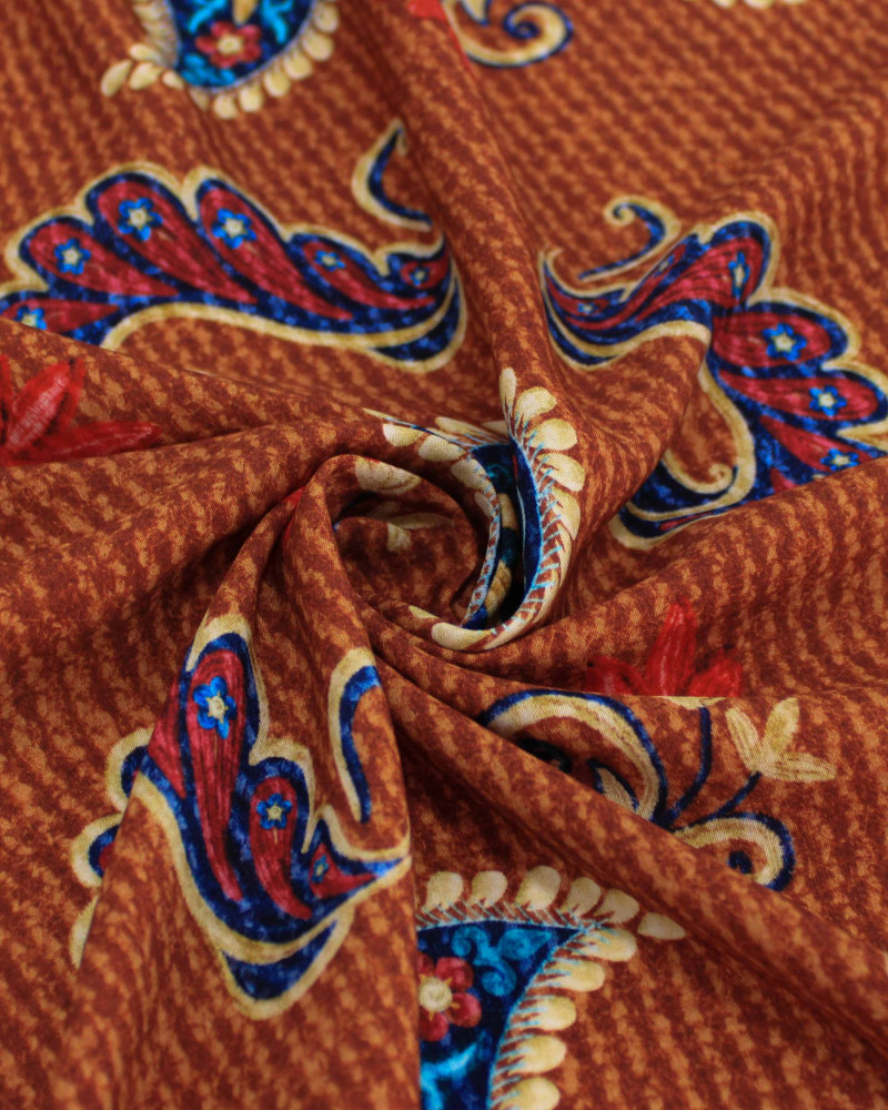 Tecido Viscose Premium Paisley Floral Vermelho, Azul e Tons Terrosos