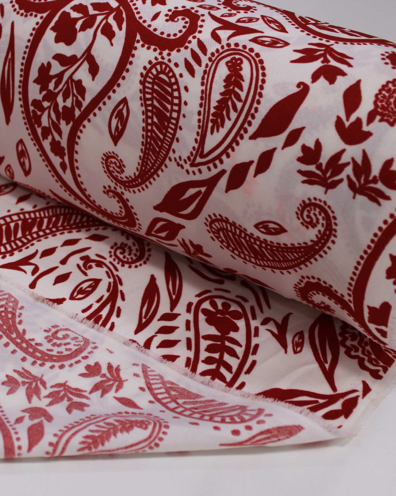 Tecido Crepe Sarjado Cashmere Estampado Vermelho e Offwhite