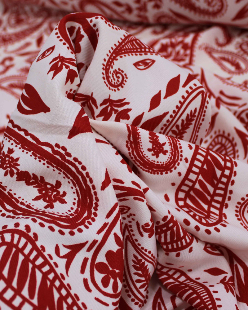Tecido Crepe Sarjado Cashmere Estampado Vermelho e Offwhite