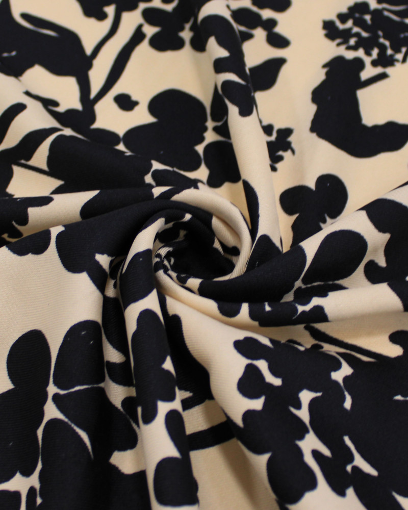 Tecido Crepe Sarjado Ramos Abstratos Preto e Pêssego