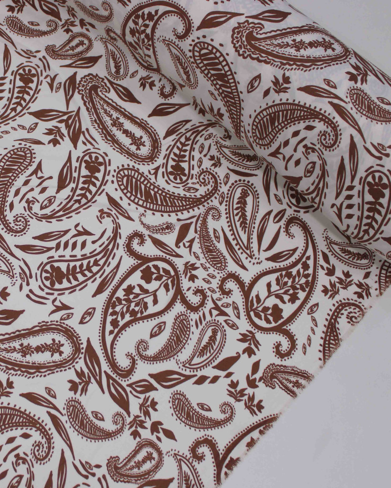 Tecido Crepe Sarjado Cashmere Estampado Marrom e Offwhite