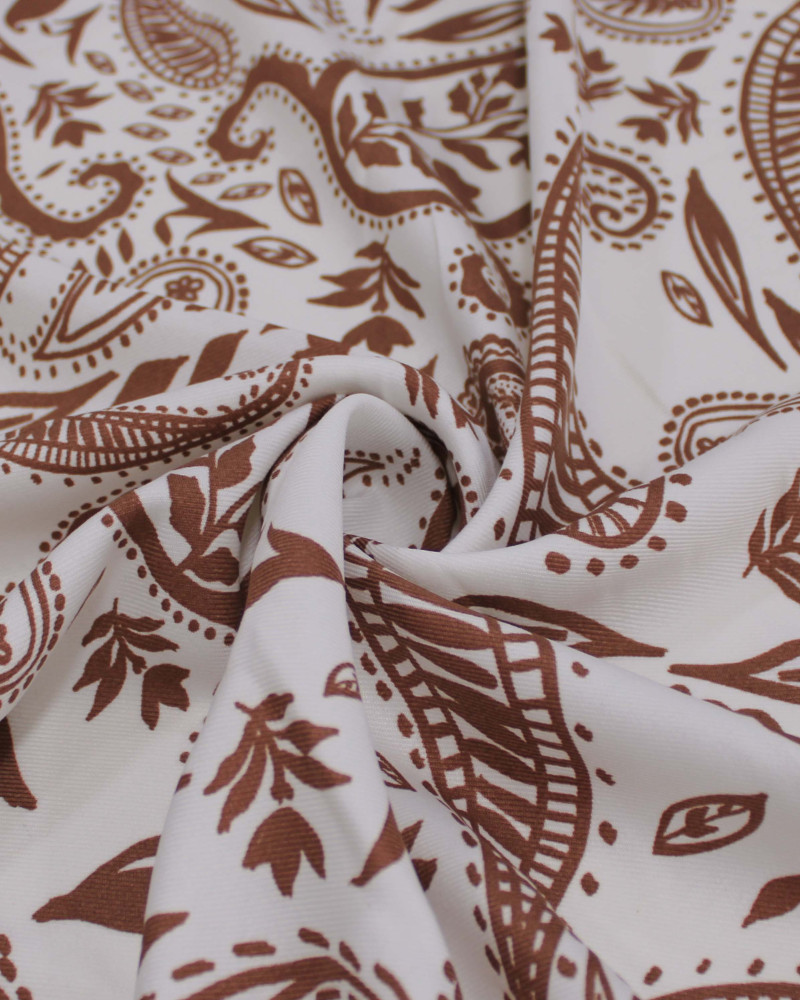 Tecido Crepe Sarjado Cashmere Estampado Marrom e Offwhite