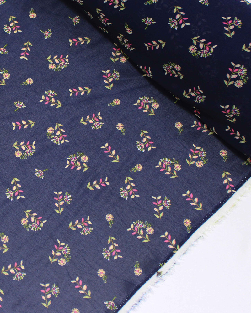 Tecido Crepe Chiffon Grosso Micro Ramos e Flores Verde, Rosa e Azul Marinho