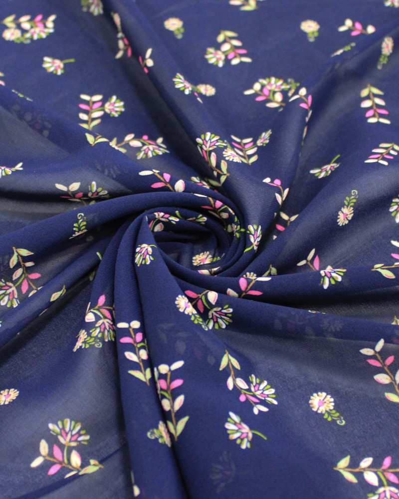 Tecido Crepe Chiffon Grosso Micro Ramos e Flores Verde, Rosa e Azul Marinho