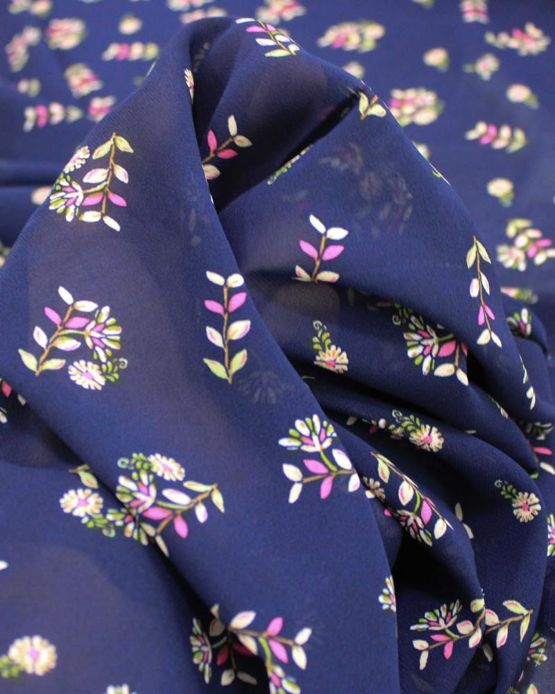 Tecido Crepe Chiffon Grosso Micro Ramos e Flores Verde, Rosa e Azul Marinho