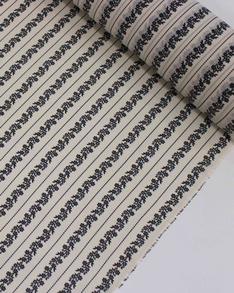 Tecido Crepe Chiffon Grosso Micro Flores em Listras Preto e Creme