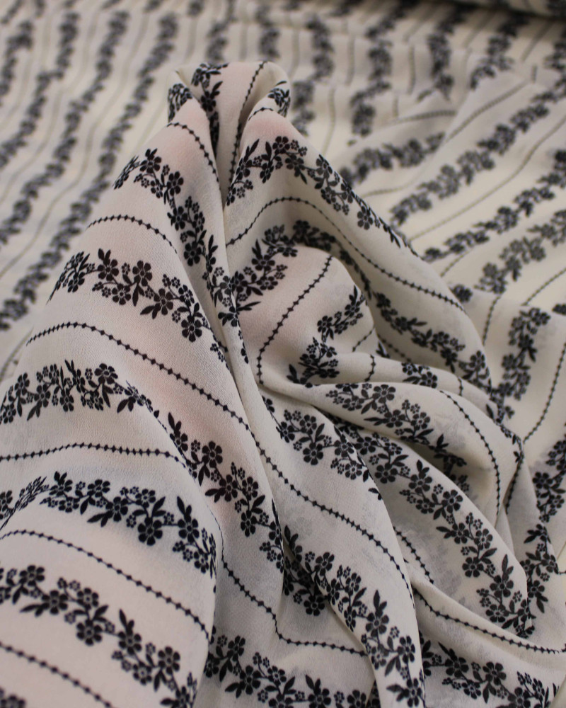 Tecido Crepe Chiffon Grosso Micro Flores em Listras Preto e Creme