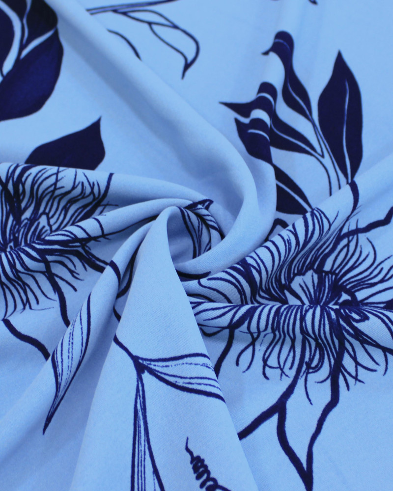 Tecido Crepe Koshibo Rascunho Floral Tons de Azul