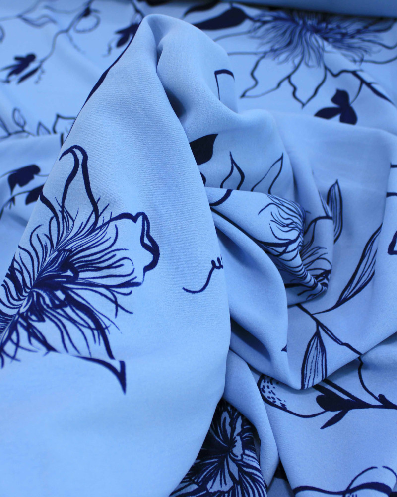 Tecido Crepe Koshibo Rascunho Floral Tons de Azul
