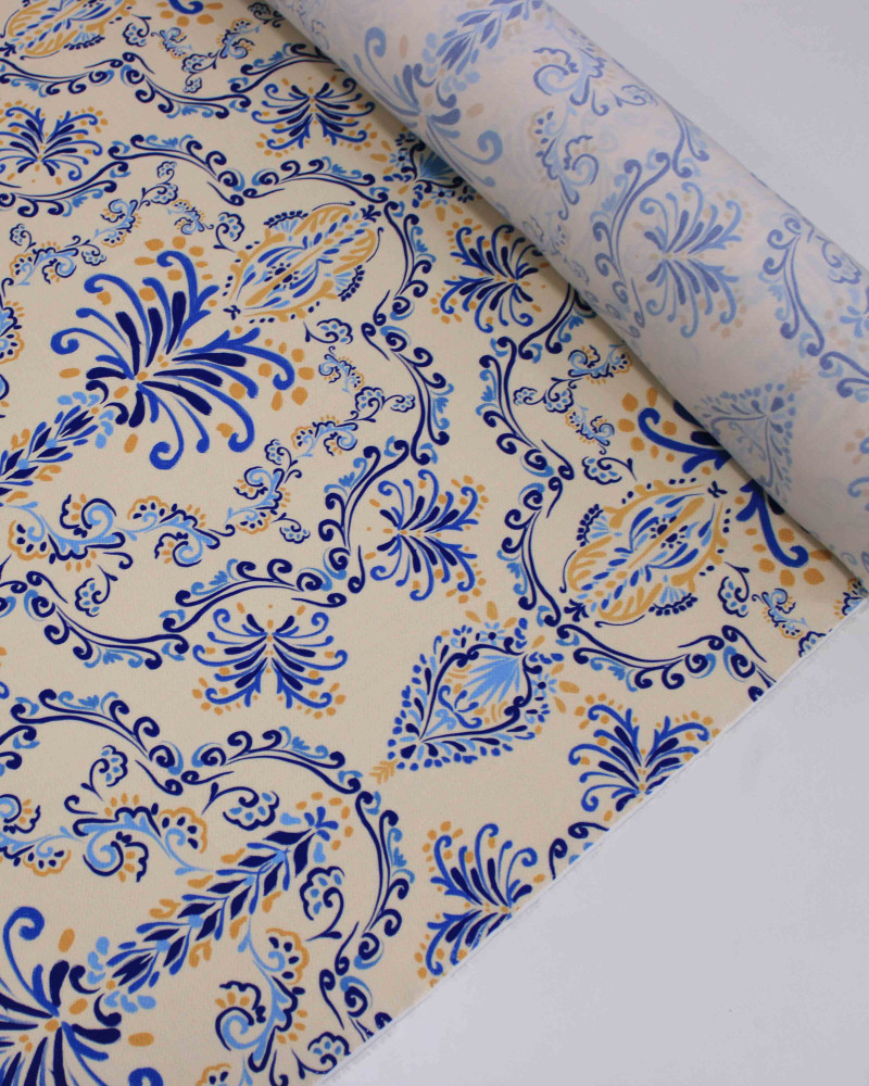 Tecido Viscose Premium Estampa Arabesco Amarelo, Azul e Bege