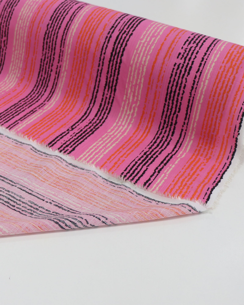 Tecido Viscose Texturizada Listras Coloridas e Rosa