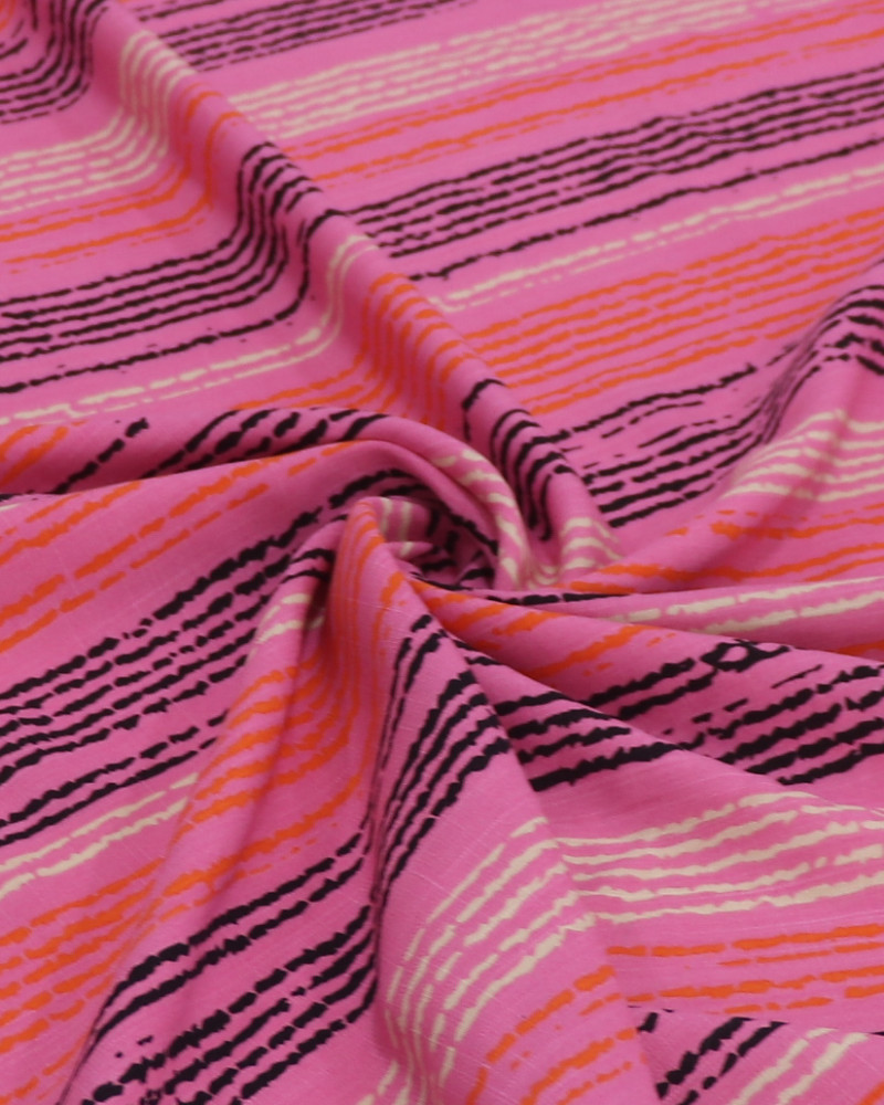 Tecido Viscose Texturizada Listras Coloridas e Rosa
