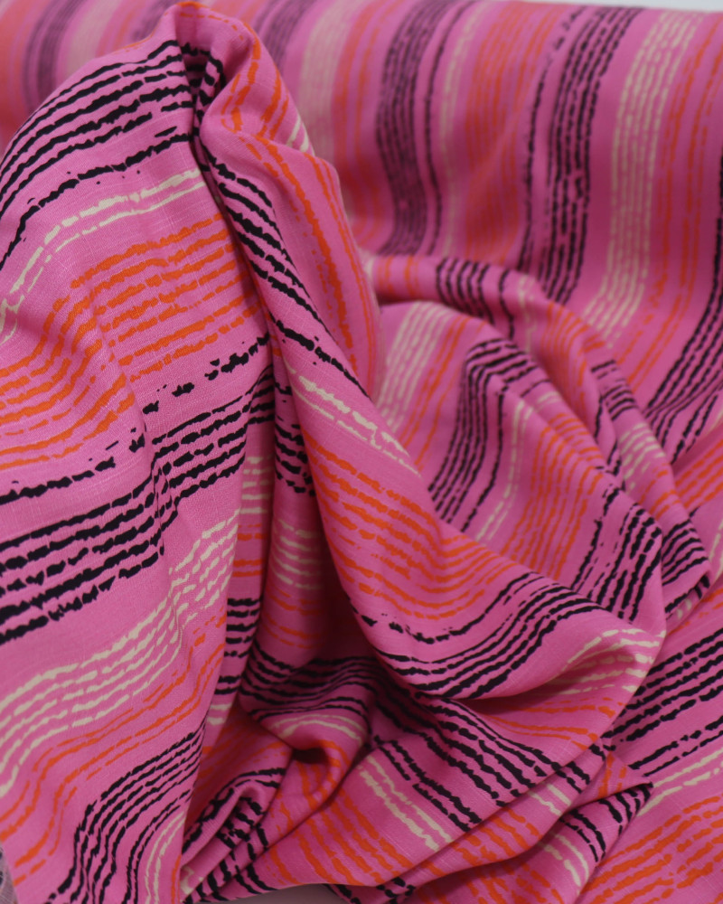 Tecido Viscose Texturizada Listras Coloridas e Rosa