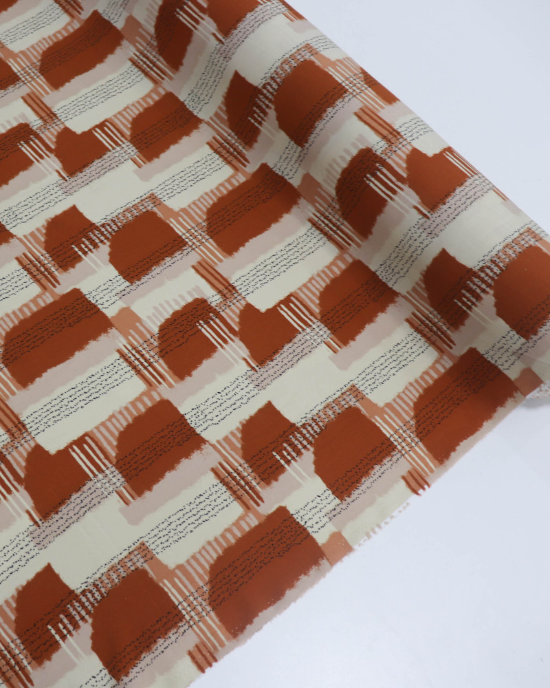 Tecido Viscose Geométrico Terracota e Bege e Listras Pontilhadas (1.4m)