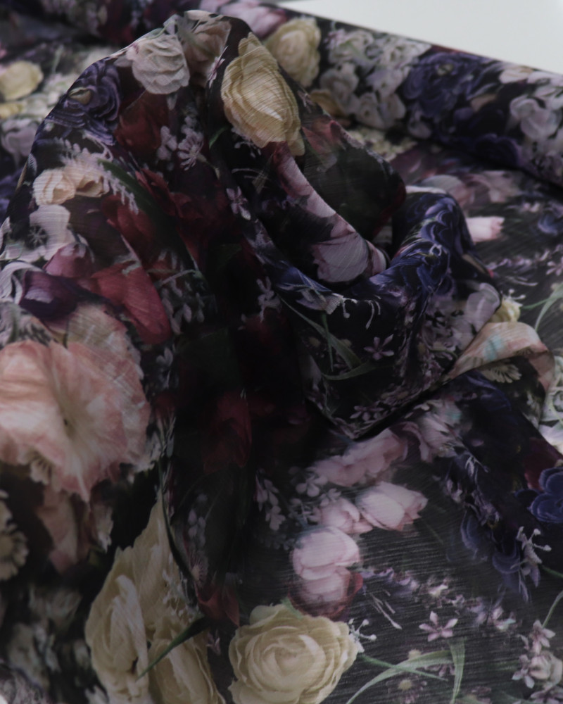 Tecido Crepe Chiffon Texturizado Italiano Tapete Floral Colorido e Preto